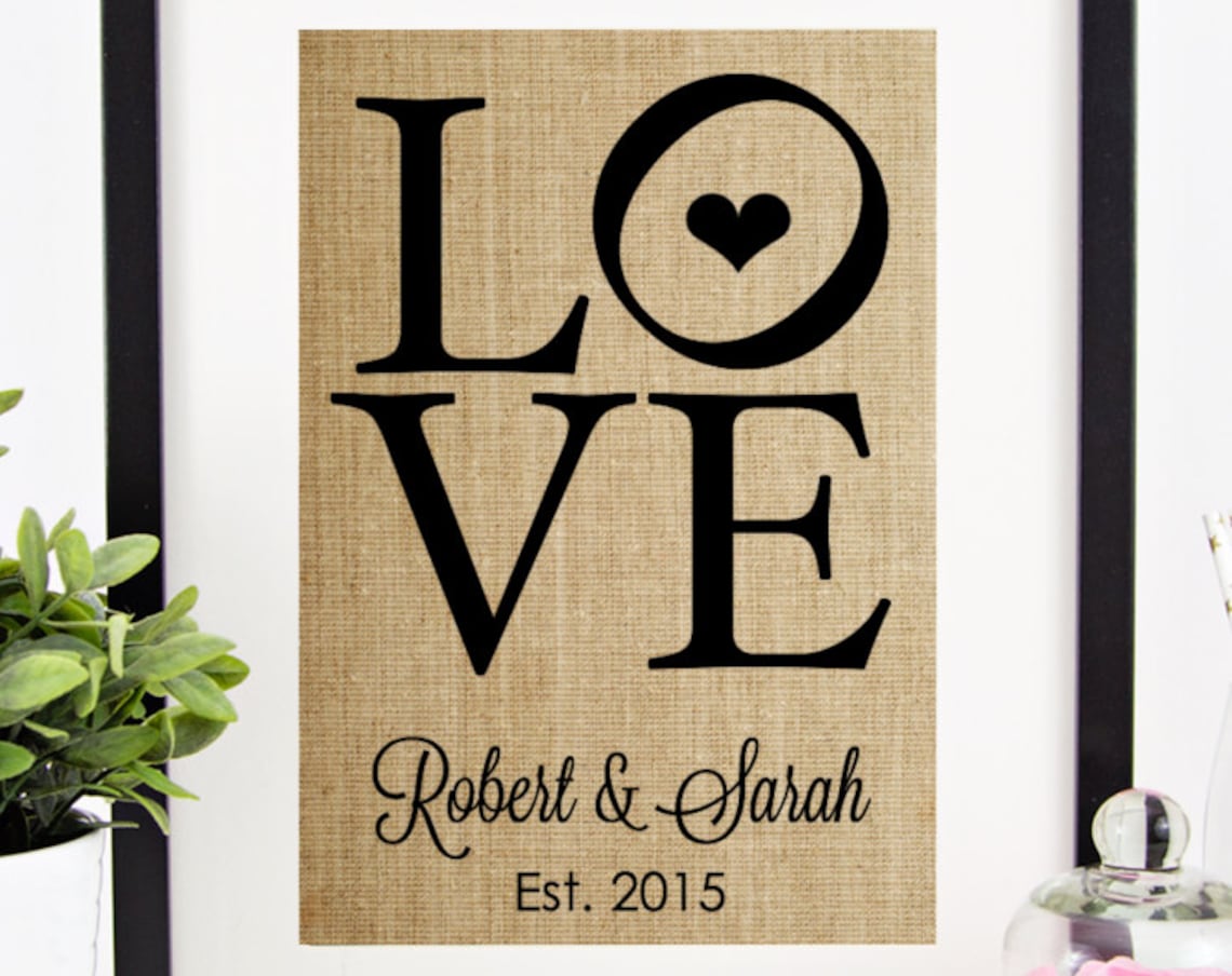 LOVE Bold Black Typography Couple Names Anniversary Burlap Poster