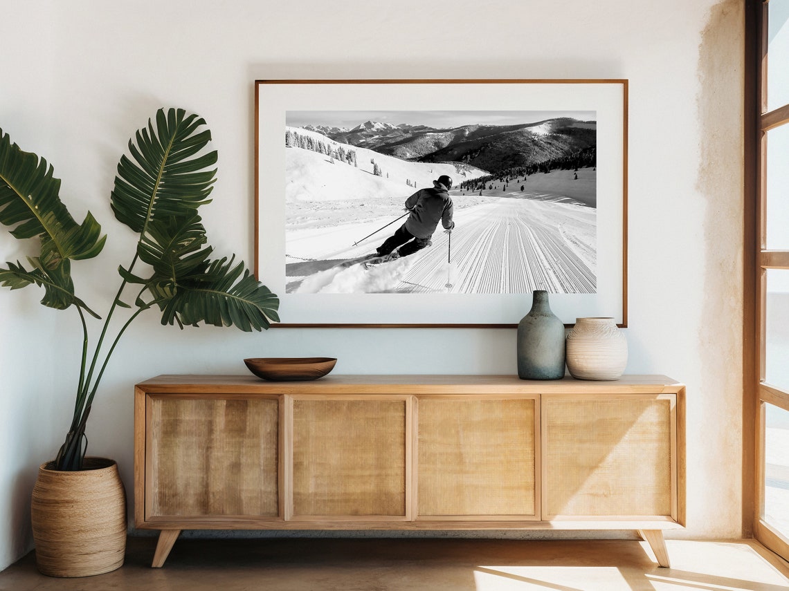 Skier Carving Groomed Slope Black White Mountain Winter Poster - Image 3