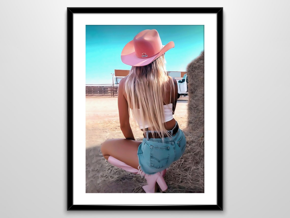 Coastal Cowgirl Pink Hat Denim Shorts Ranch Hay Bale Wall Art - Image 2
