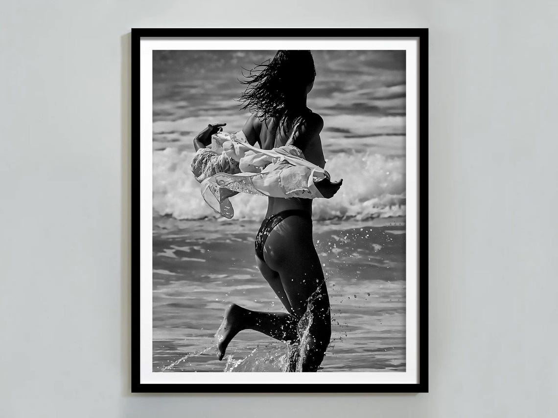 Woman Running Beach Waves Black And White Swimsuit Cover Up Poster