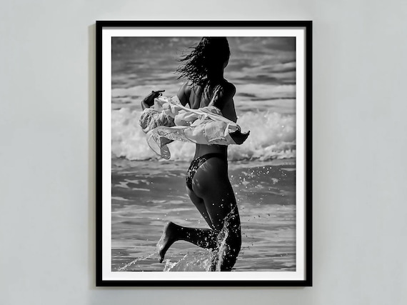 Woman Running Beach Waves Black And White Swimsuit Cover Up Poster