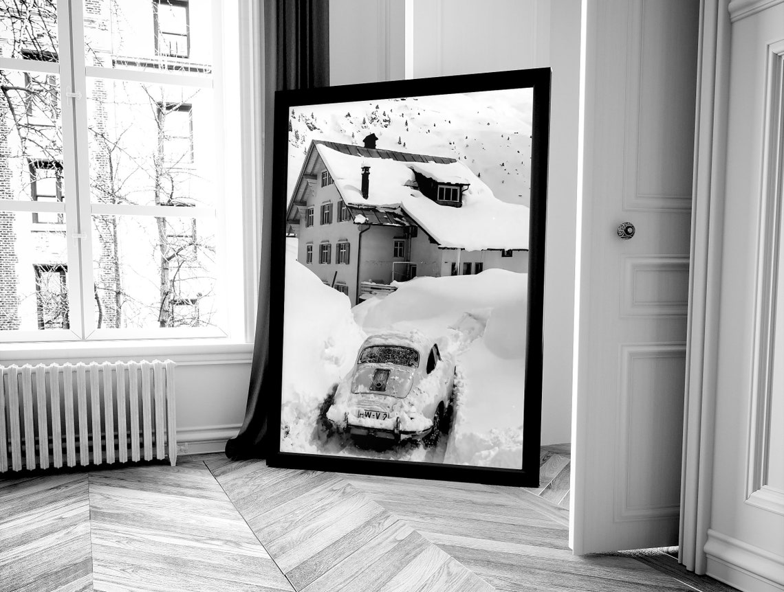 Vintage Alpine Chalet Buried In Deep Snow With Classic Car Poster - Image 2