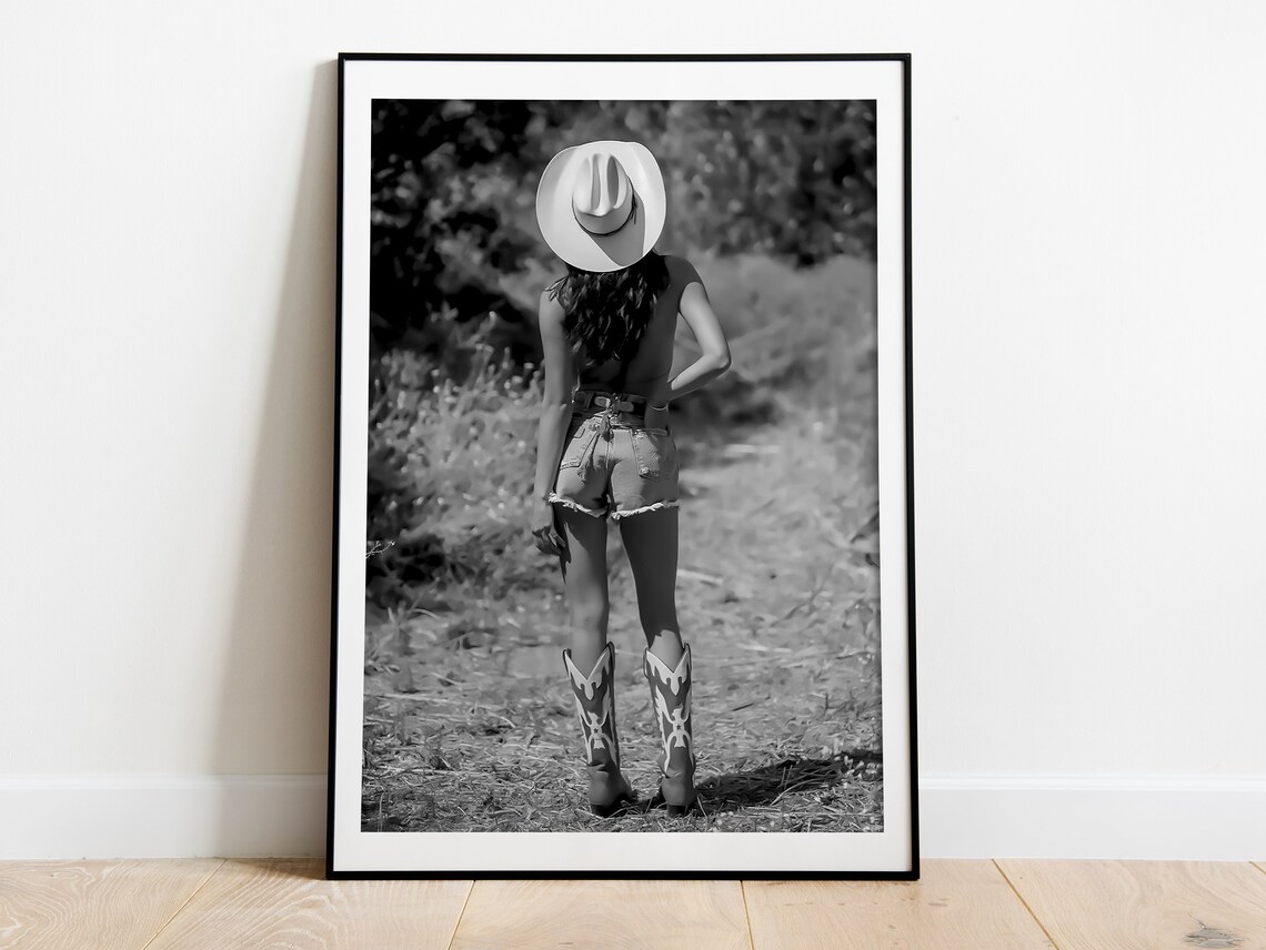 Retro Western Cowgirl Decor, Black and White Poster - Image 3