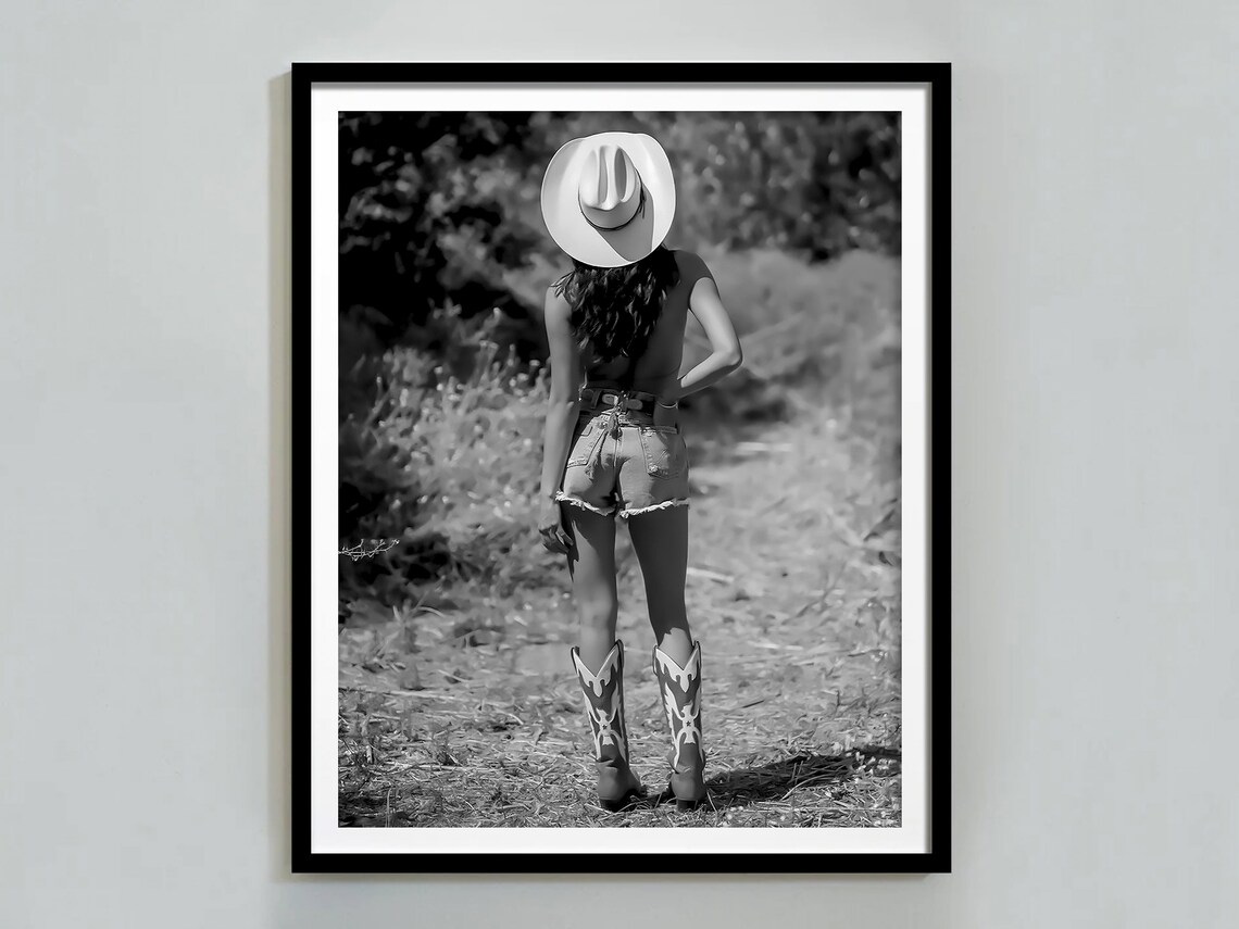 Retro Western Cowgirl Decor, Black and White Poster