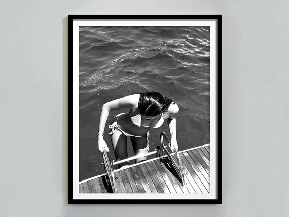 Woman in Bikini Climbing Boat Ladder From the Water Photo Poster