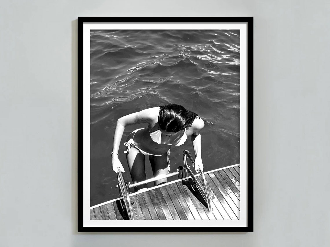 Woman In The Swimming Pool Print Summer Poster Black And White Vintage Photography Fashion Wall Art Pool House Decor