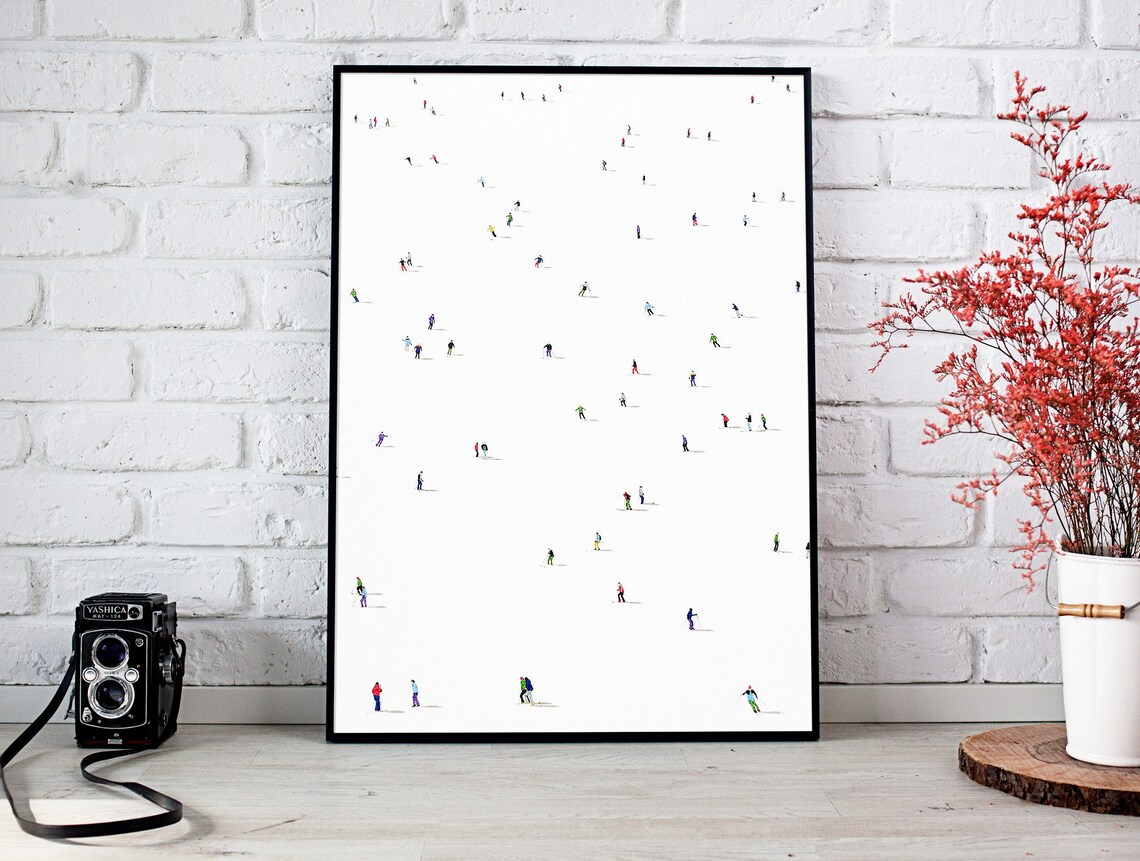 Tiny Colorful Skiers Aerial View Vast White Slope Minimalist Art Poster - Image 3