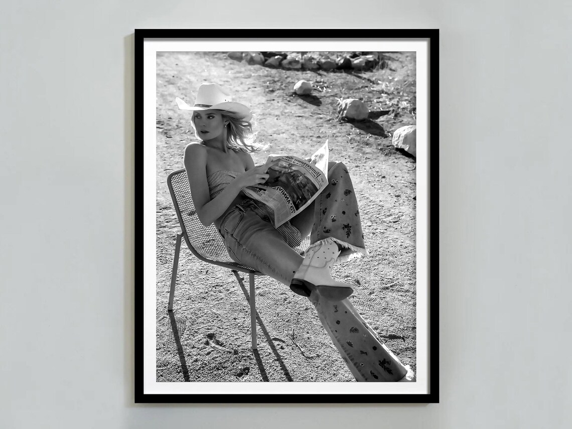 Cowgirl Reading Newspaper Desert Black And White Western Print