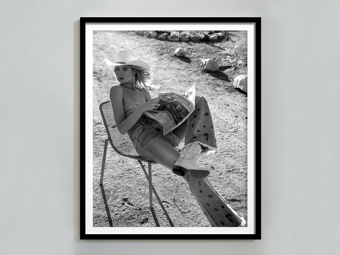 Cowgirl Reading Newspaper In Desert Print Black And White Fashion Photography Western Wall Art Hypebeast Room Decor