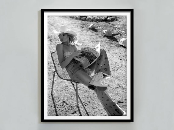 Cowgirl Reading Newspaper In Desert Print Black And White Fashion Photography Western Wall Art Hypebeast Room Decor