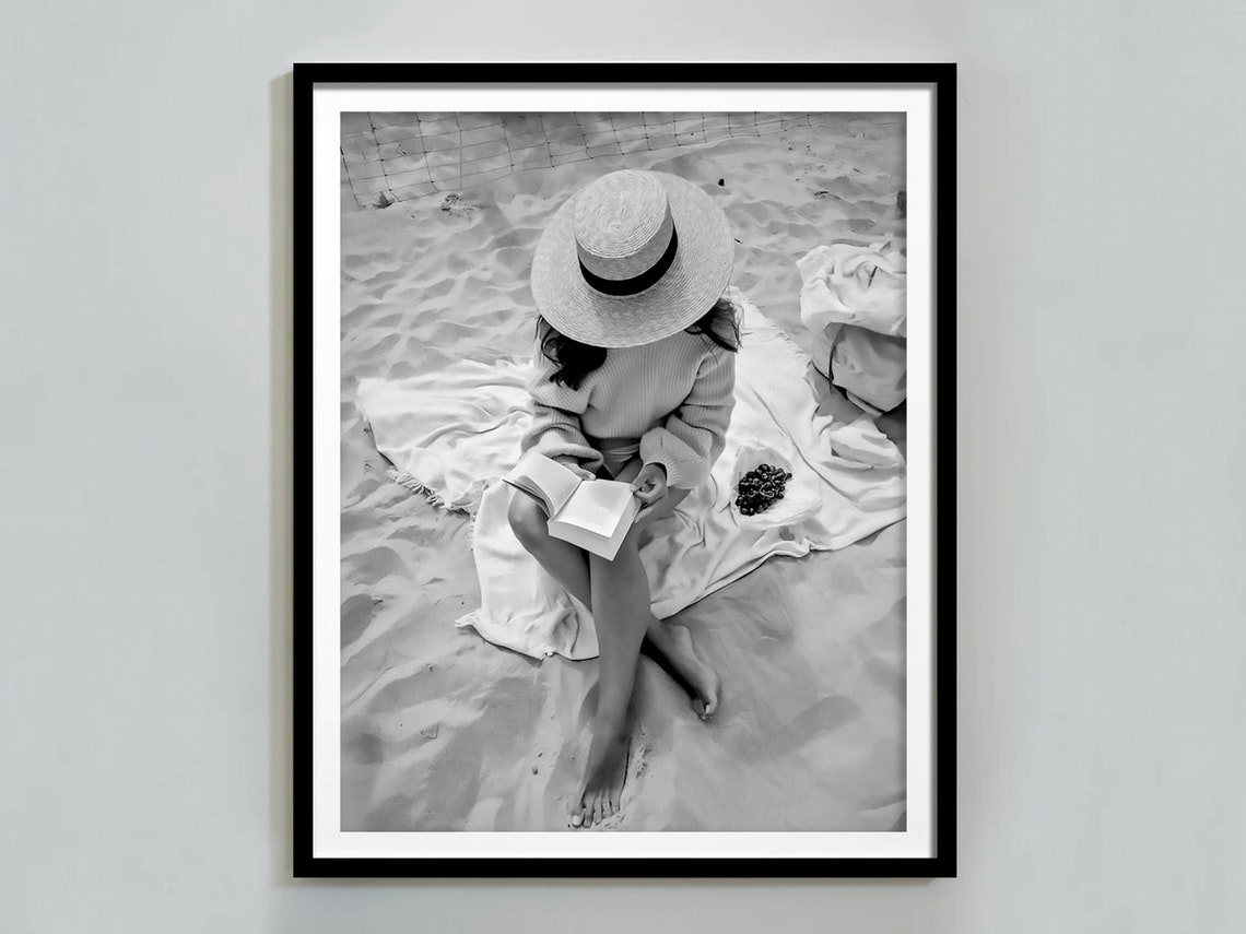Beach Reading Straw Hat Black White Summer Book Lover Poster