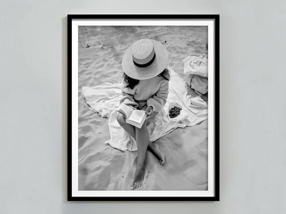 Beach Reading Straw Hat Black White Summer Book Lover Poster