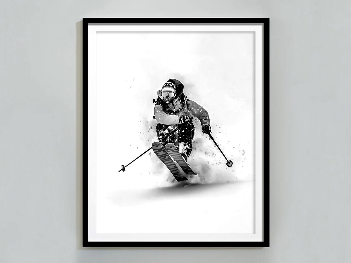 Skier Carving Through Powder Snow Dynamic Black And White Action Poster