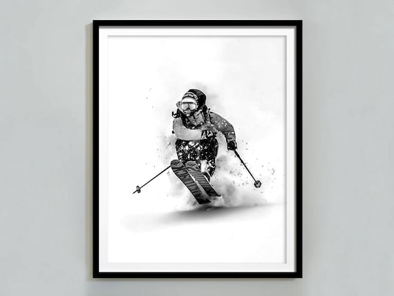 Skier Carving Through Powder Snow Dynamic Black And White Action Poster