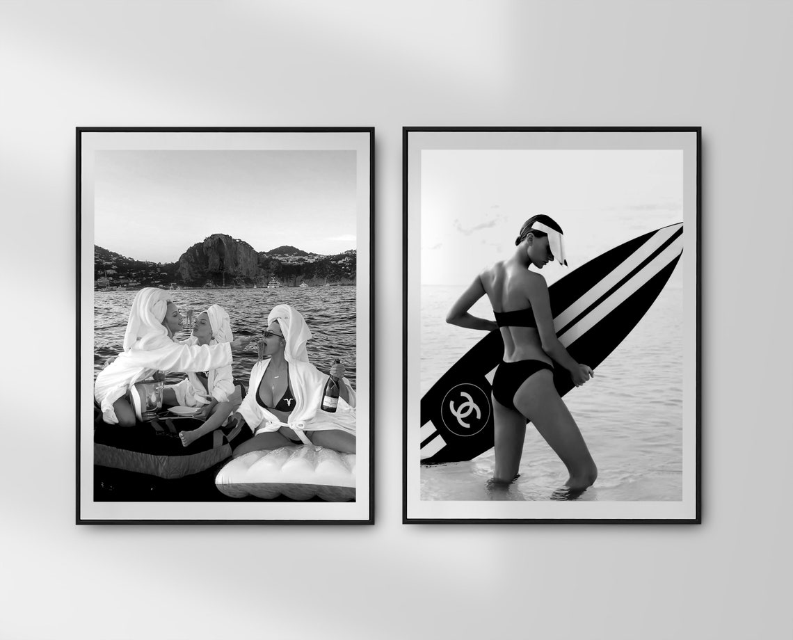 Surfboard Bikini Chanel Logo Black White Beach Fashion Poster - Image 2