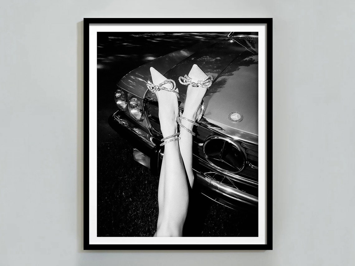 Crystal Bow Heels on Vintage Mercedes Hood Black and White Poster