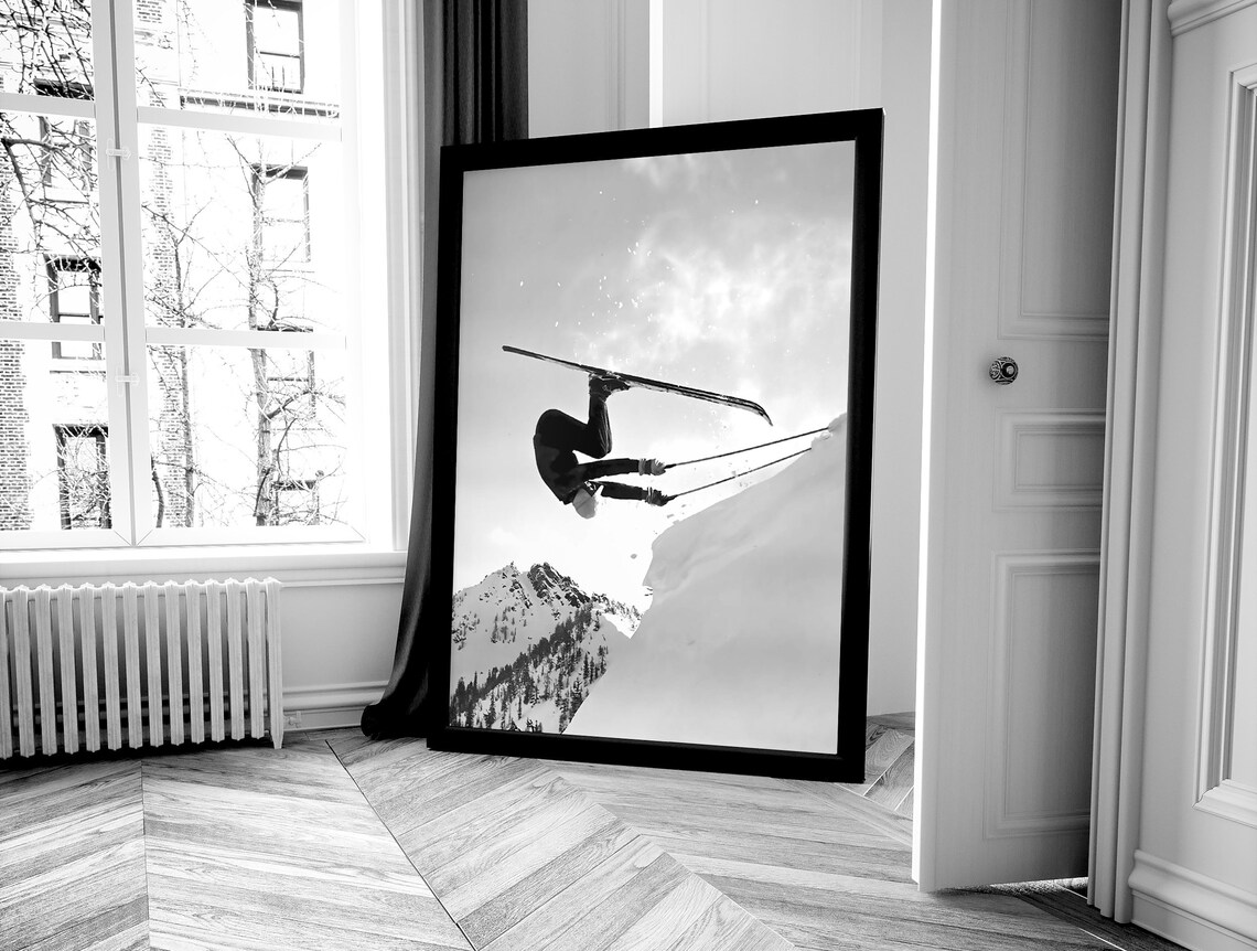 Skier Mid Air Backflip Off Snow Cliff Vintage Black White Action Poster - Image 4