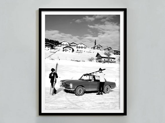 Vintage Apres Ski Poster, Black and White Ski Lodge Decor