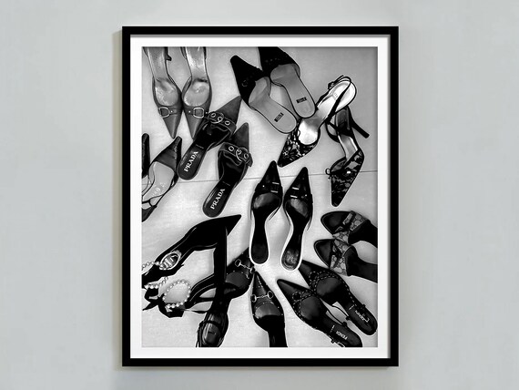 Designer Heels Flat Lay Prada Fendi Black White Fashion Poster