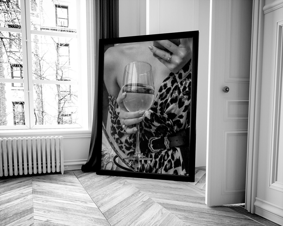 Woman in Leopard Dress Holding Wine Glass Night Out Fashion Poster - Image 3