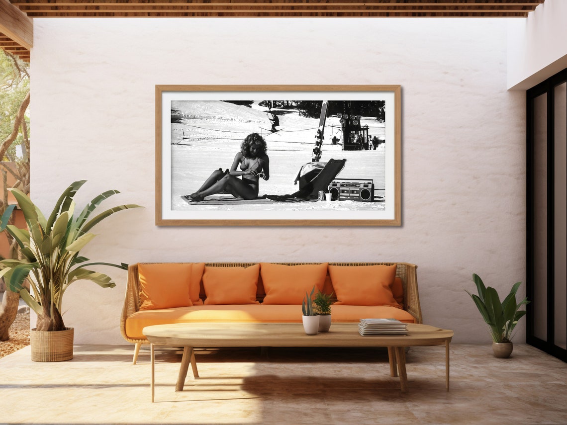 Retro Woman Sunbathing In Bikini On Snow Boombox Ski Resort Poster - Image 4