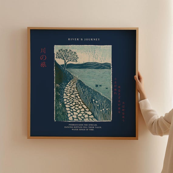 Rivers Journey Landscape Art Print Japanese Calligraphy Water Poster Ripple Path Nature Stream Linocut Wall Decor Square Poster