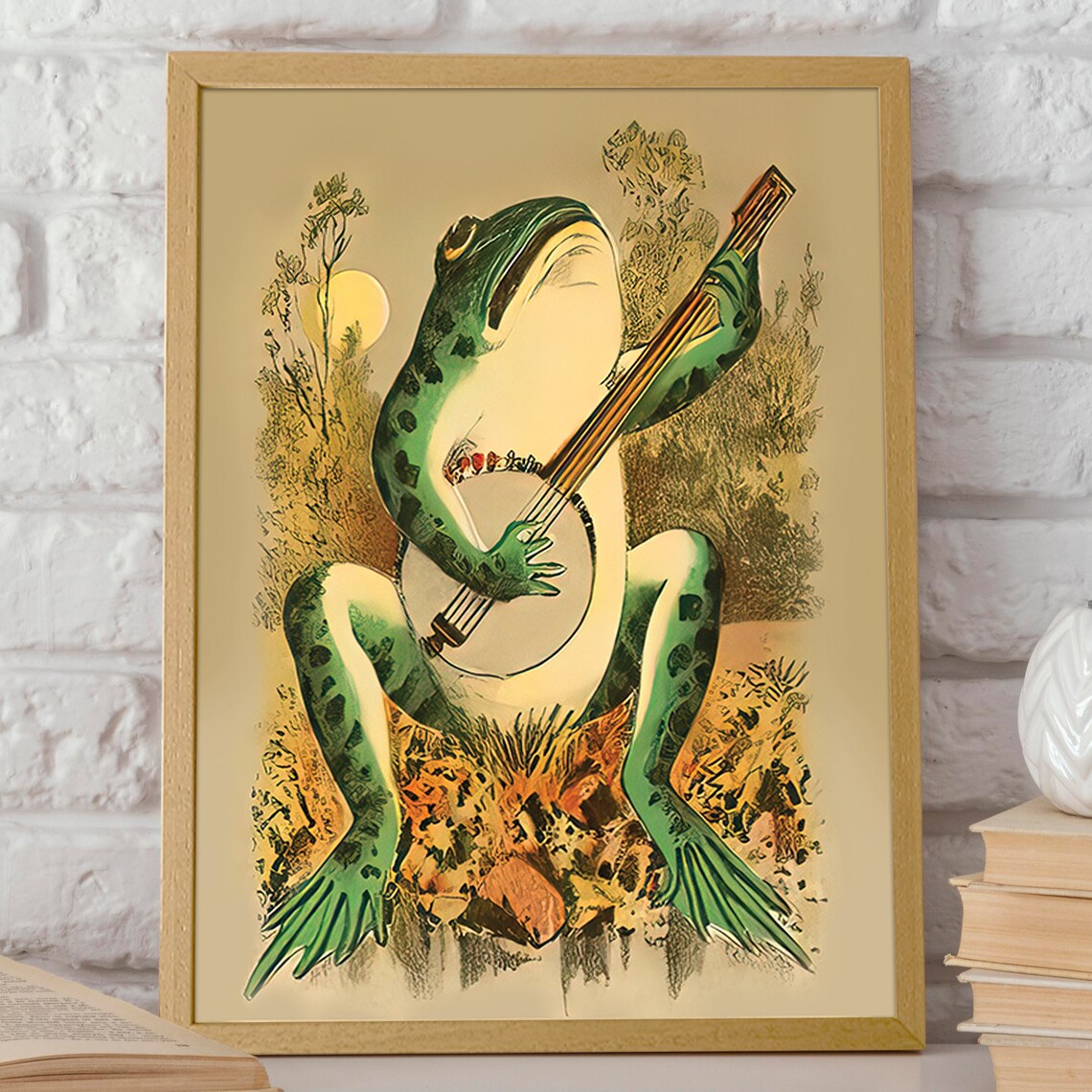 Green Frog Playing Banjo, Whimsical Bathroom Decor Art Print - Image 2