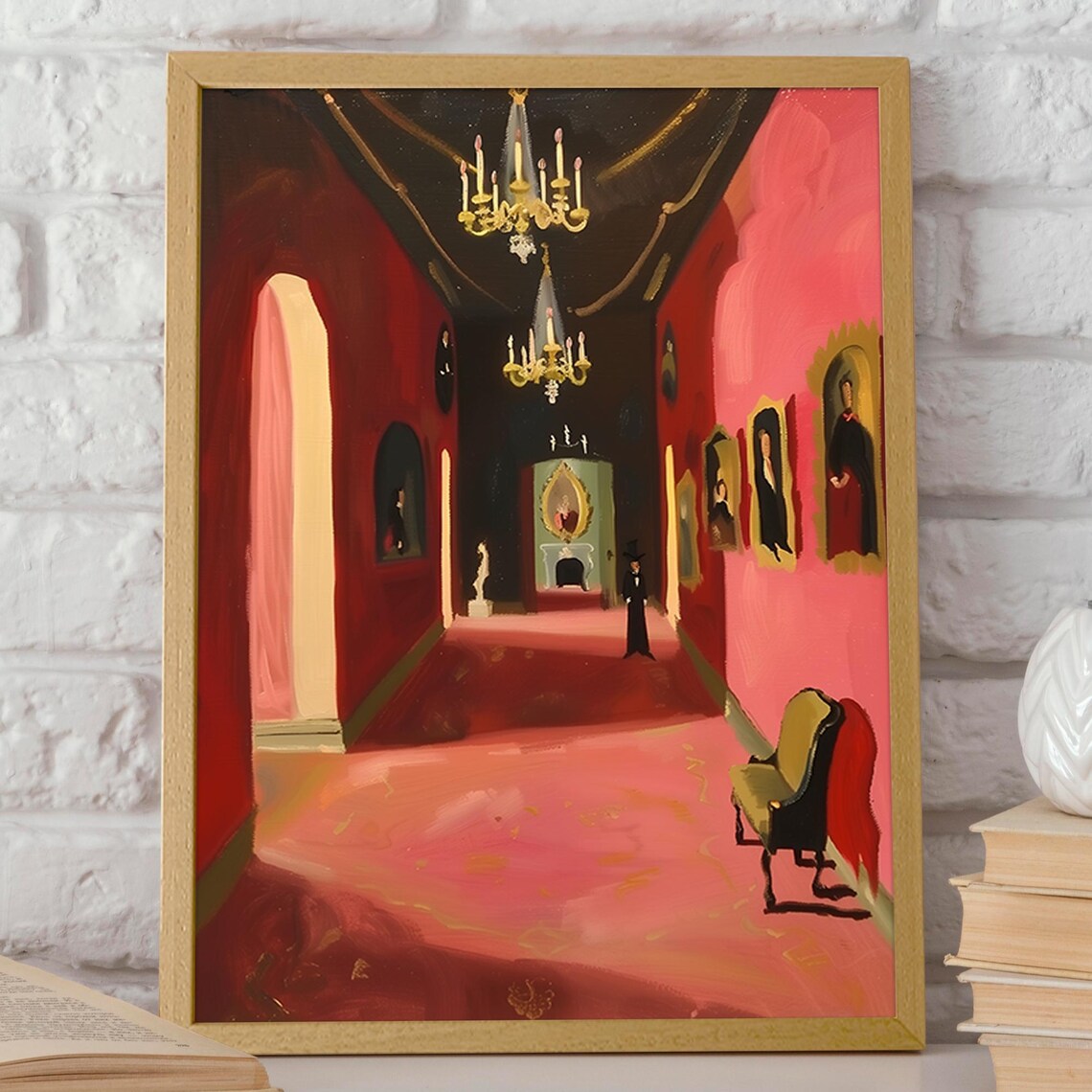Regal Red Hallway Grand Chandelier Aristocratic Interior Poster - Image 2