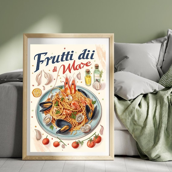 Italian Seafood Pasta Spaghetti Mussels Vintage Kitchen Art Poster