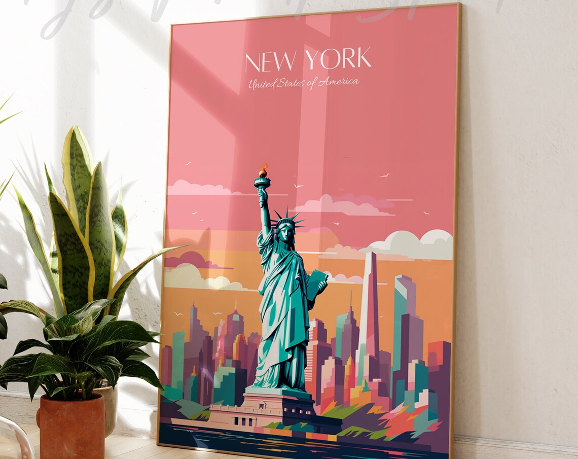 New York Pink Sunset Skyline Statue of Liberty Travel Poster