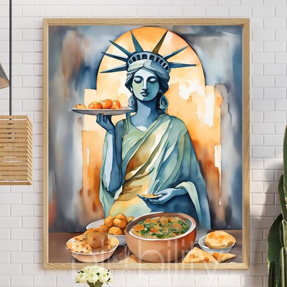 Statue Of Liberty Eating Indian Food American Gift Abstract Oil Painting Style Print