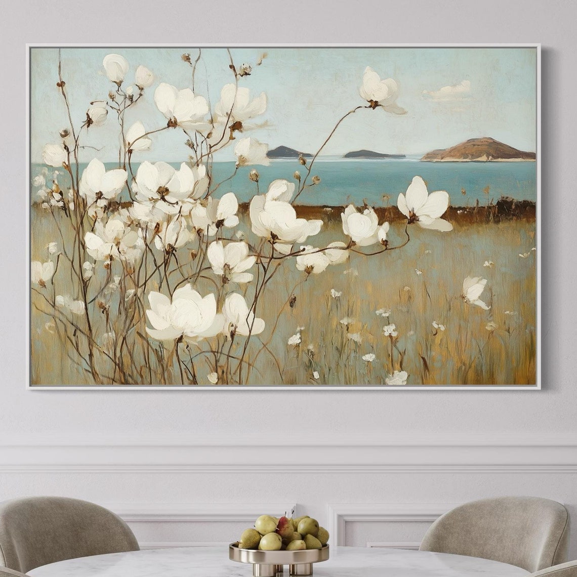 White Magnolia Blossoms Coastal Seascape Teal Water Floral Art Poster