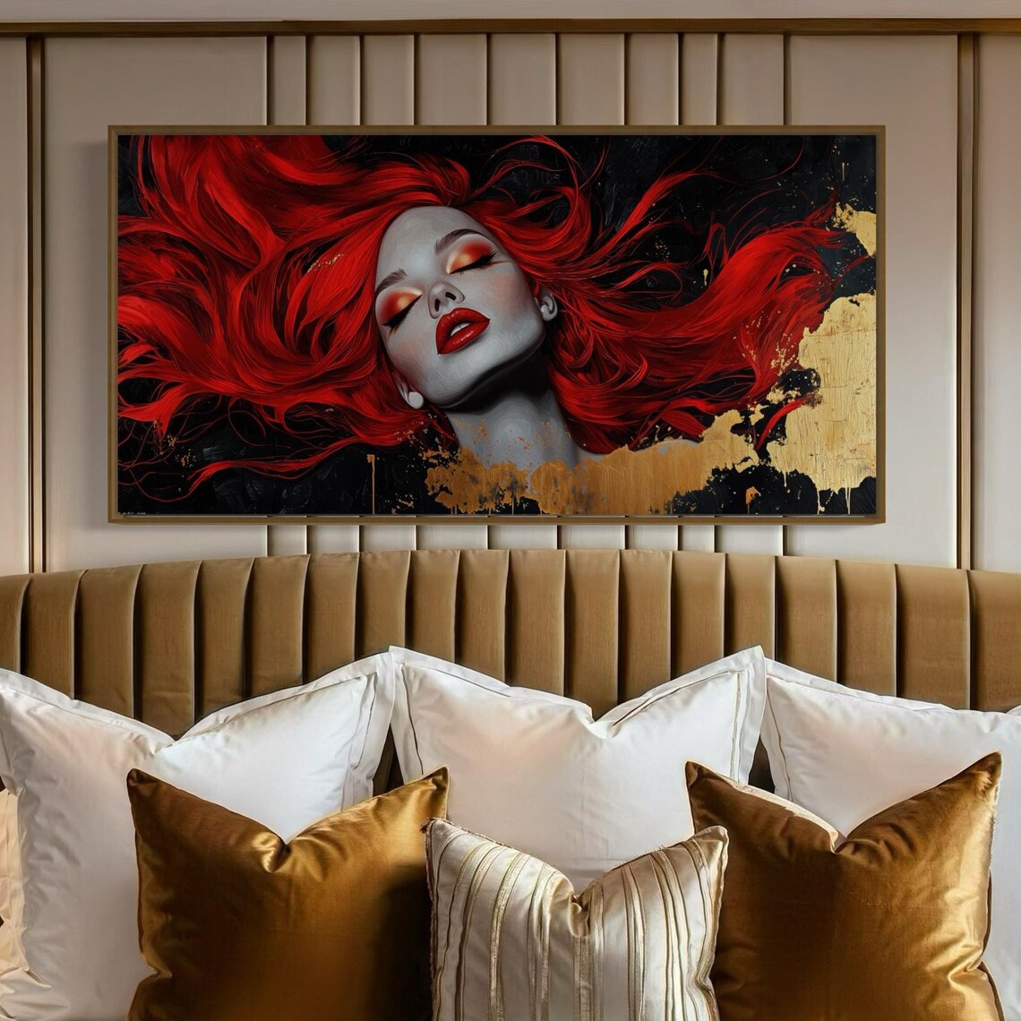 Flowing Red Hair Woman Portrait Gold Black Glamorous Beauty Art Poster