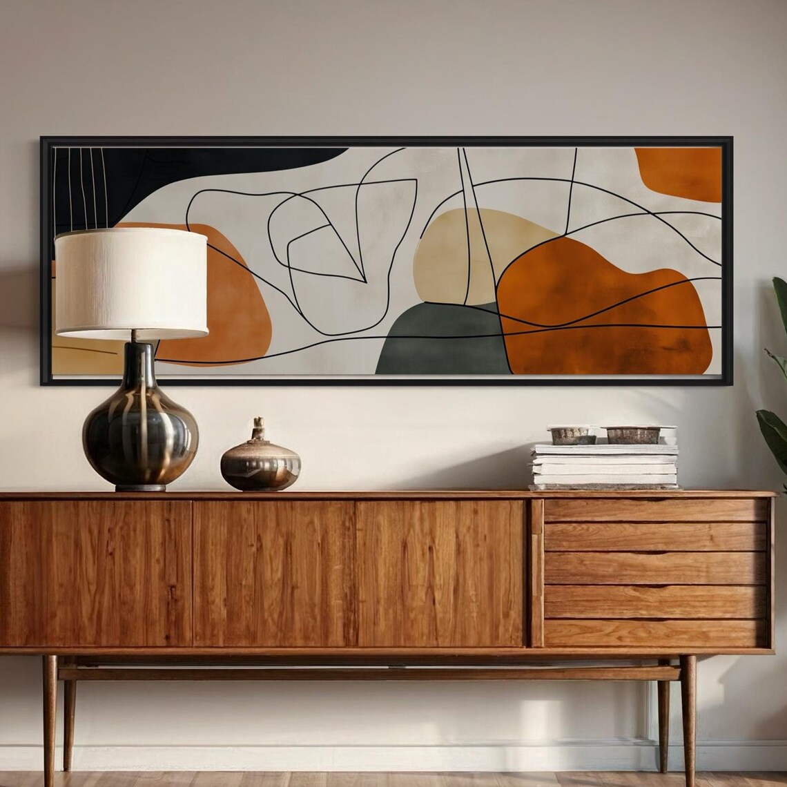 Minimalist Abstract Terracotta Line Art Organic Shapes Panoramic Print