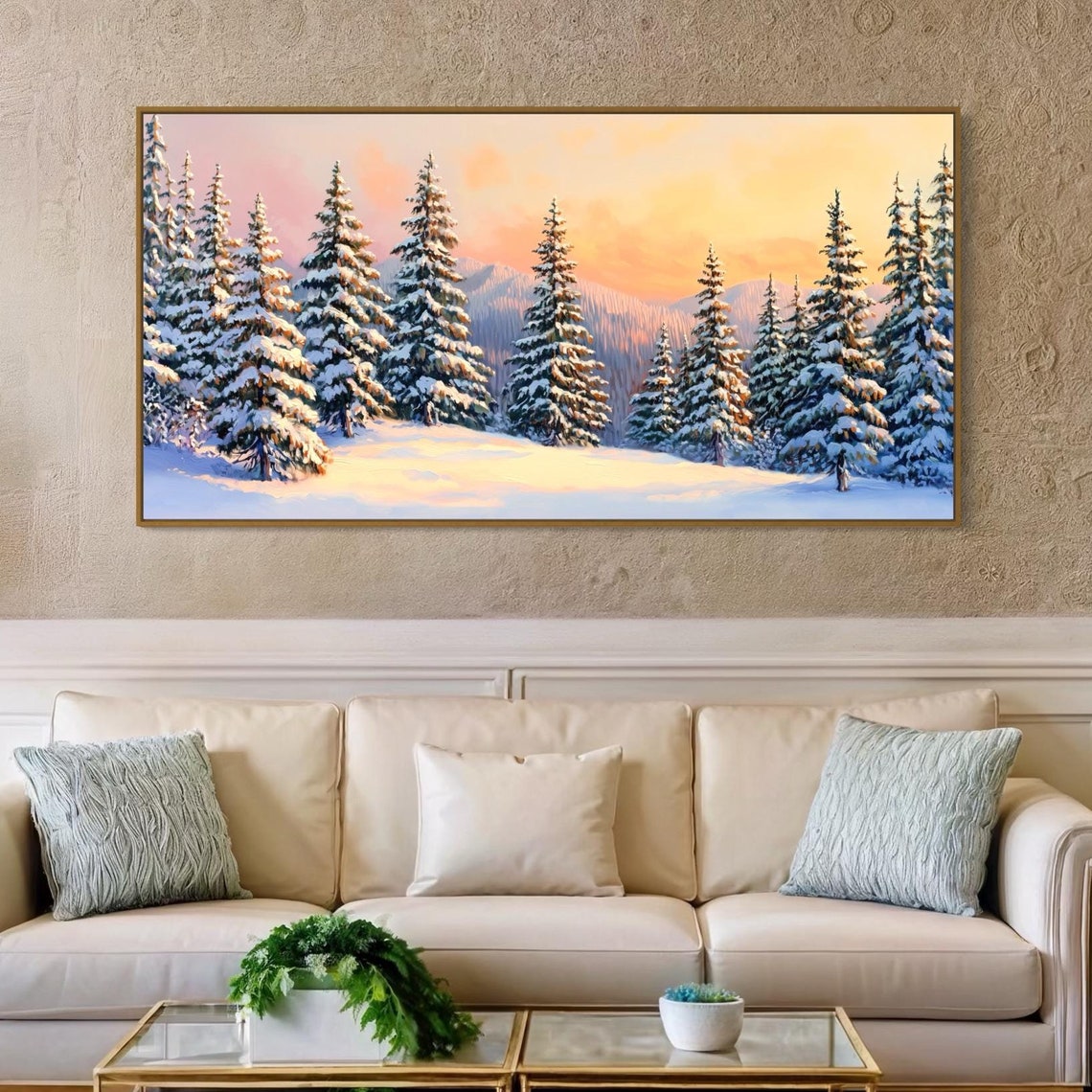 Snowy Pine Forest Winter Sunset Glow Mountains Panoramic Wall Print - Image 3