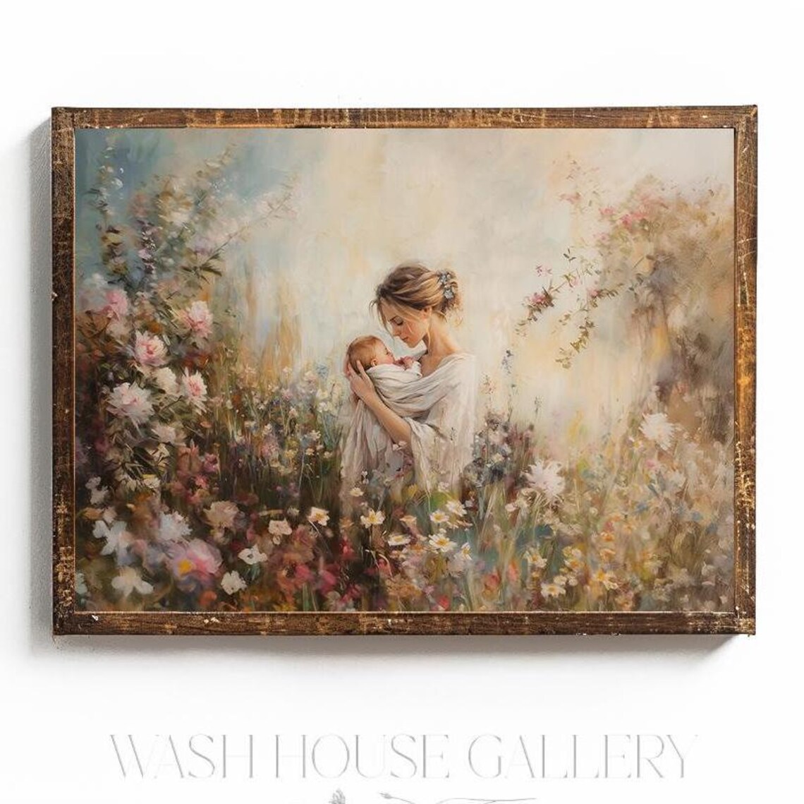 Mother Cradling Her Baby in a Blooming Wildflower Garden Poster