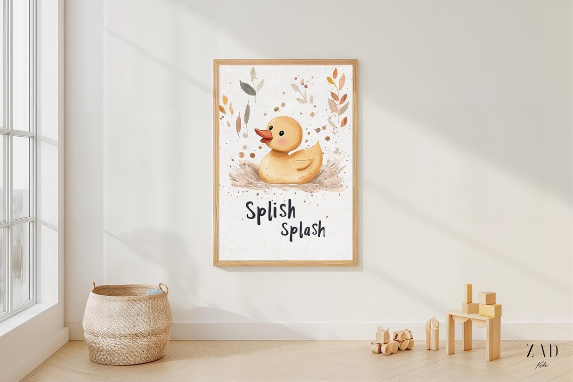 Splish Splash Wall Art Boho Rubber Duck Print Minimalist Kids Bathroom Neutral Nursery Decor