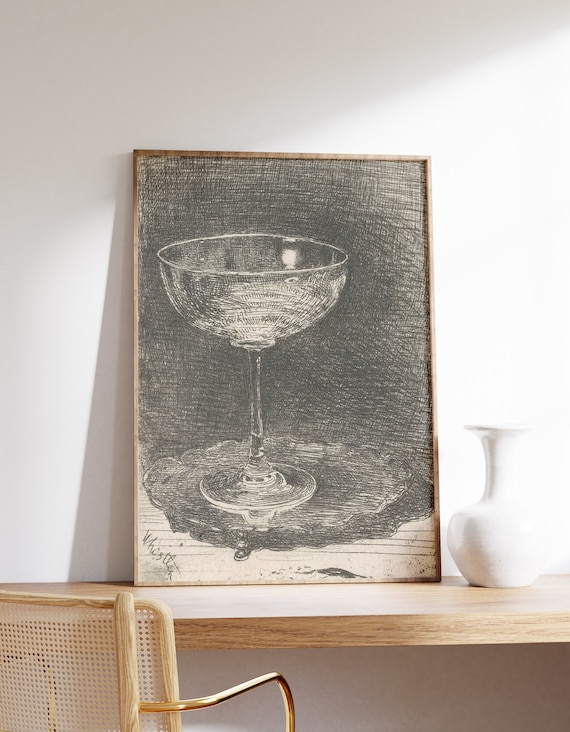 Antique Wine Glass Sketch Vintage Line Art Still Life Decor Poster