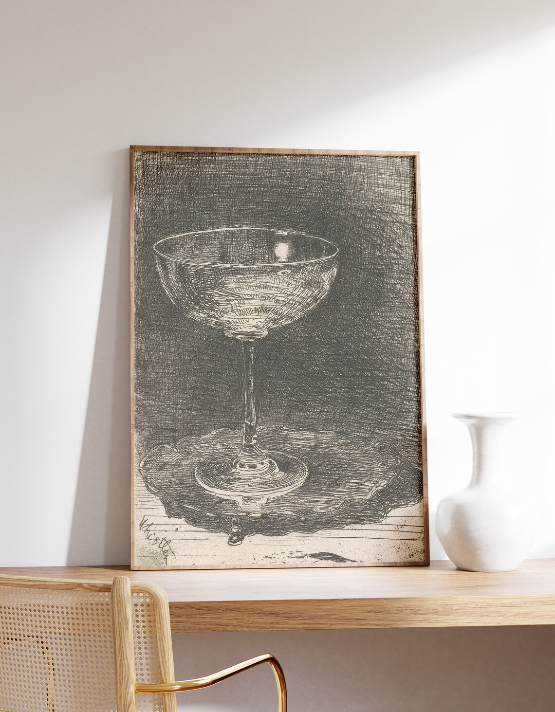Antique Wine Glass Sketch Vintage Line Art Still Life Decor Poster