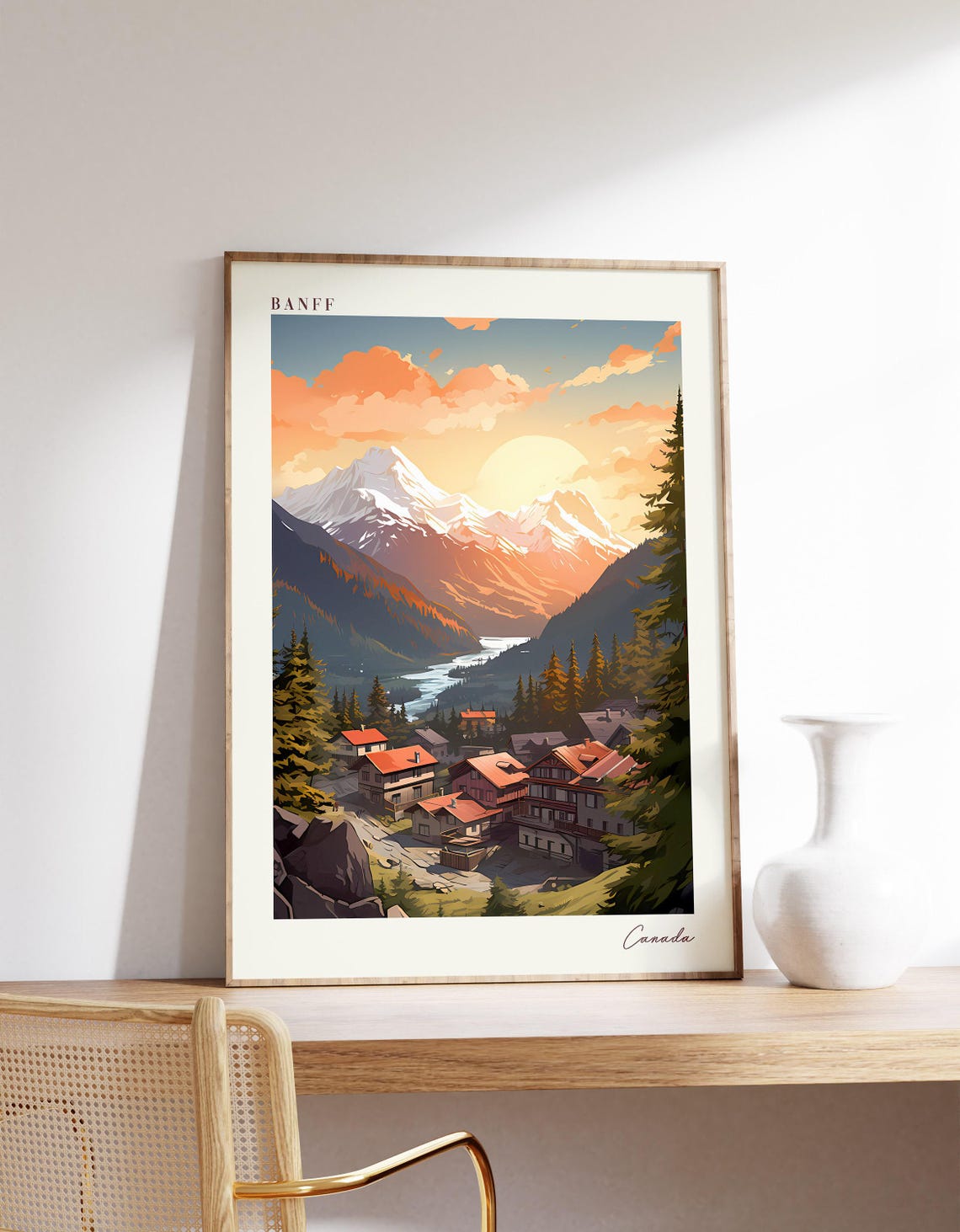 Banff Canada Snowy Mountain Village Sunset Travel Poster Illustration