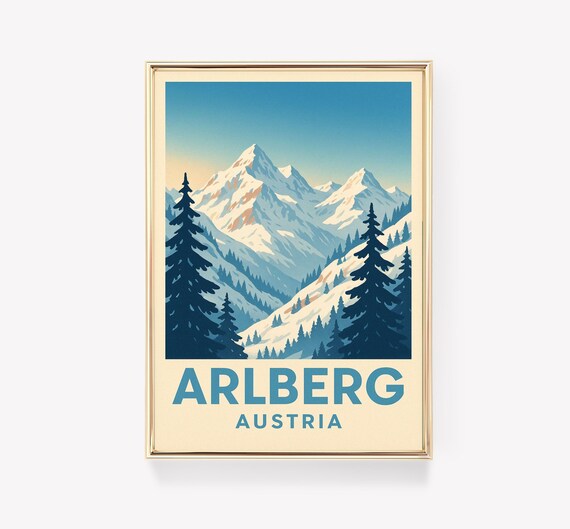 Arlberg Austria Snowy Alpine Peaks Vintage Ski Poster Mountain Art
