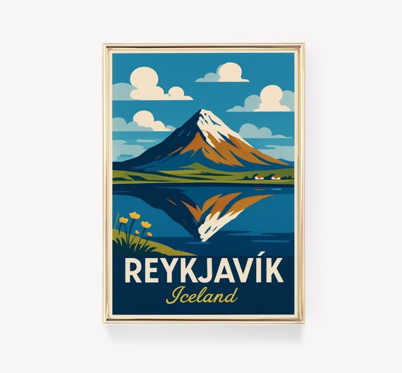 Reykjavik Iceland Volcano Mountain Lake Reflection Retro Travel Poster