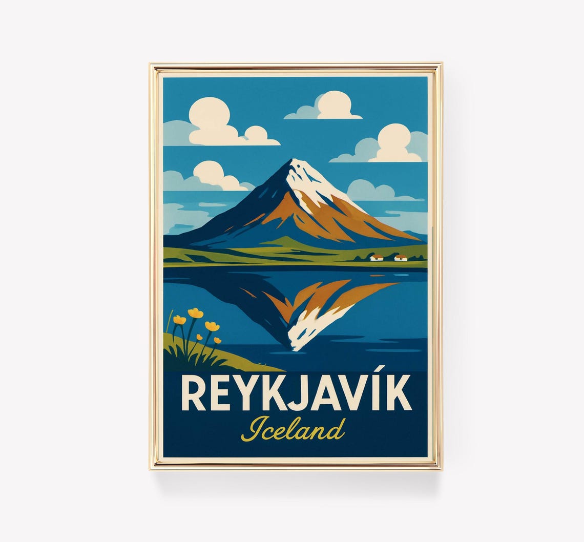 Reykjavik Iceland Volcano Mountain Lake Reflection Retro Travel Poster