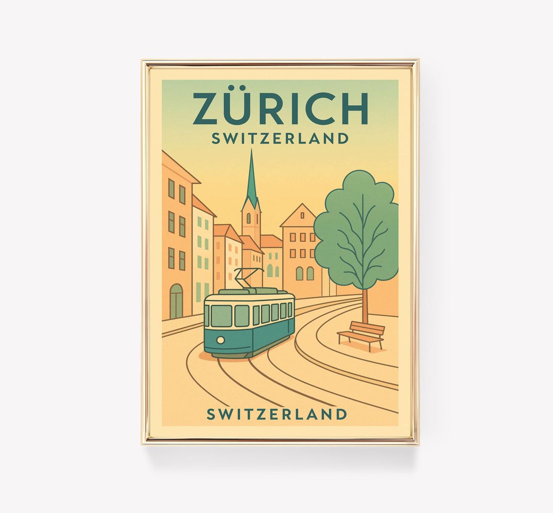 Zurich Switzerland Tram Old Town Vintage Style Travel Poster