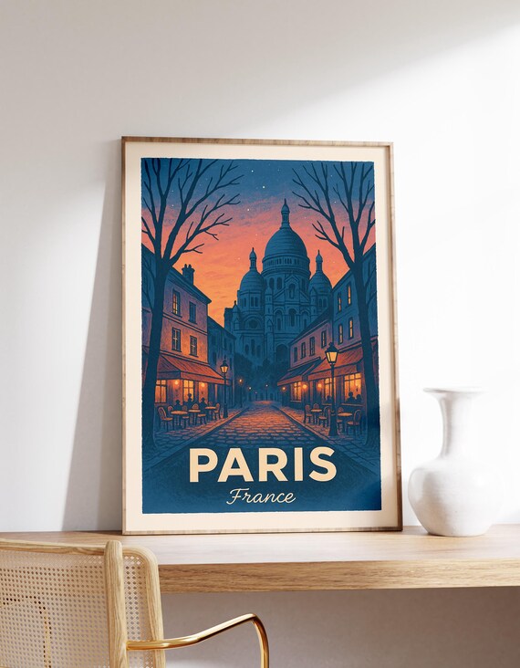 Paris France Montmartre Sacre Coeur Sunset Street Travel Poster