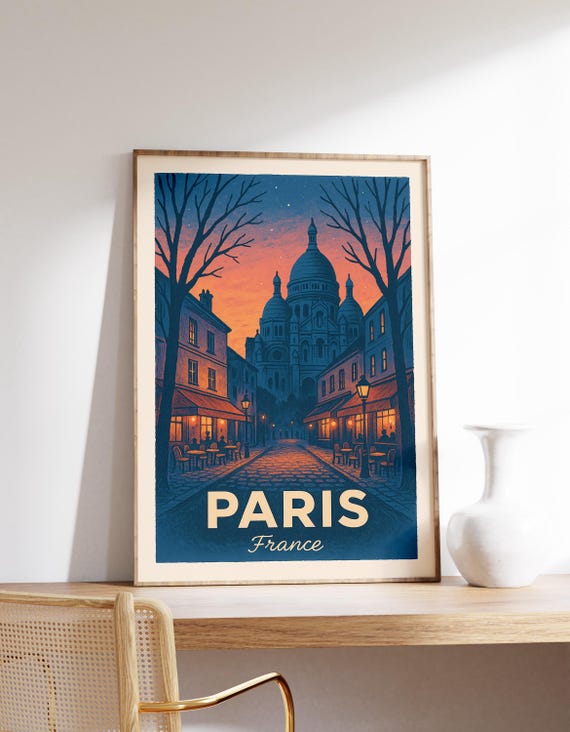 Paris Montmartre Poster Sacrcur Print Night Wall Art France Travel Decor Vintage Illustration