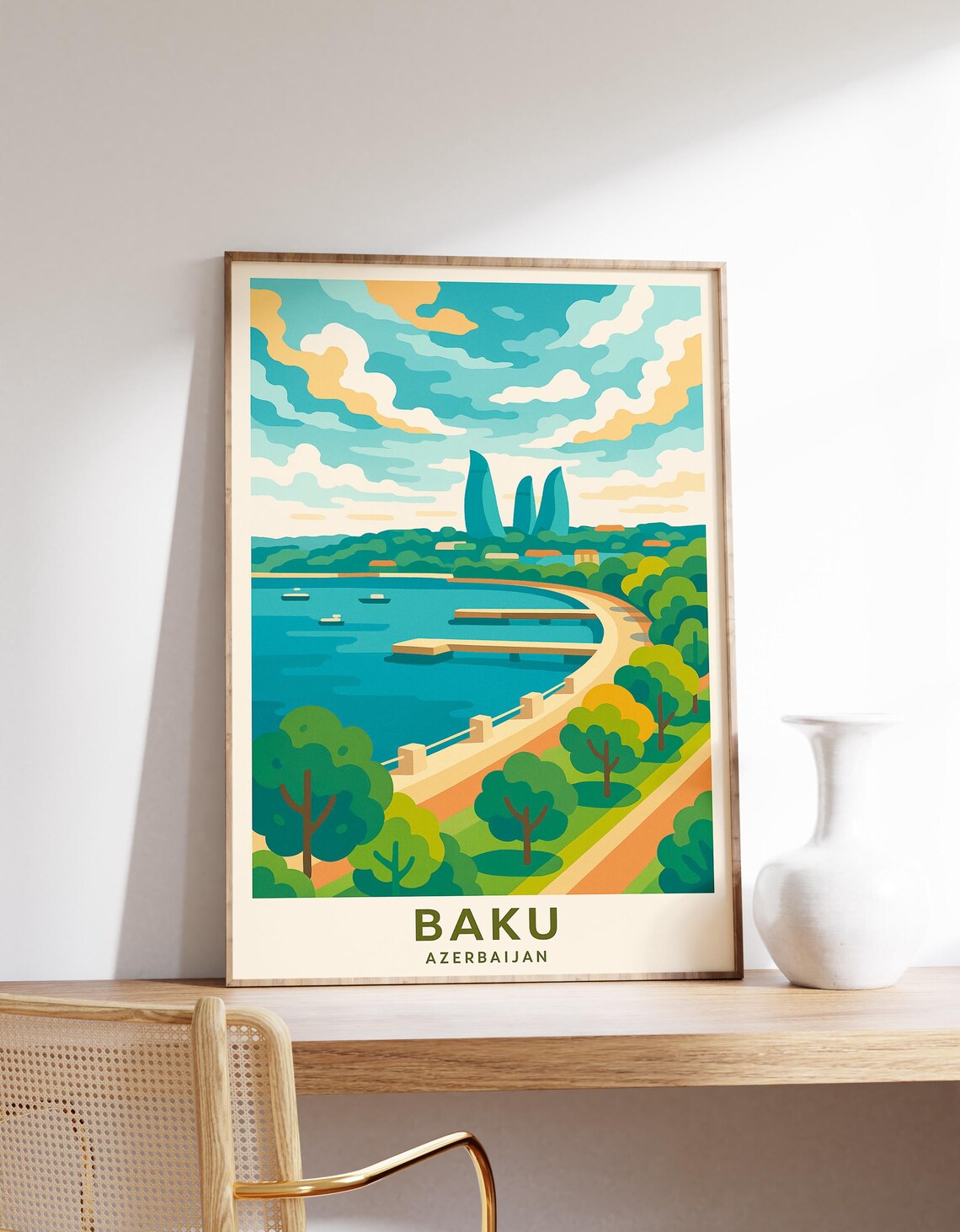 Baku Azerbaijan Caspian Sea Promenade Flame Towers Travel Poster