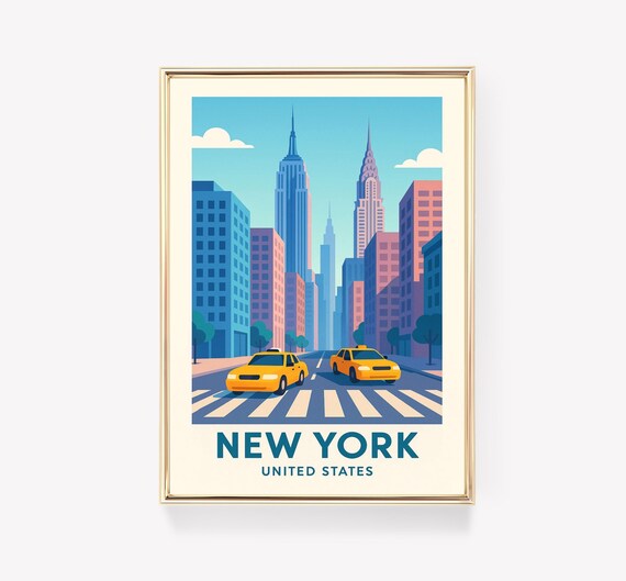 New York City Yellow Cabs Skyline Vintage Style Travel Poster