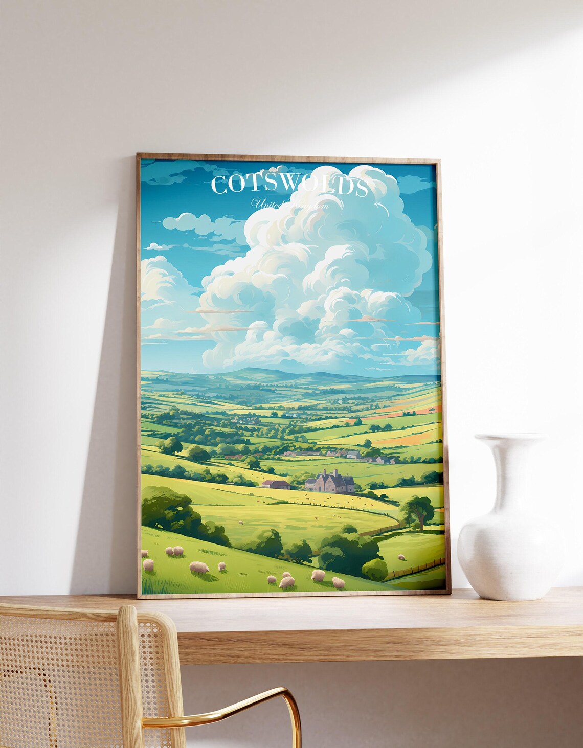 Cotswolds United Kingdom Green Hills Sheep Rolling Countryside Travel Poster