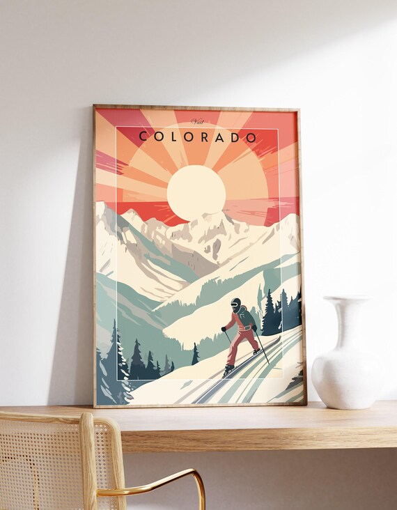 Visit Colorado Vintage Ski Travel Poster Skier Mountain Sunset Art